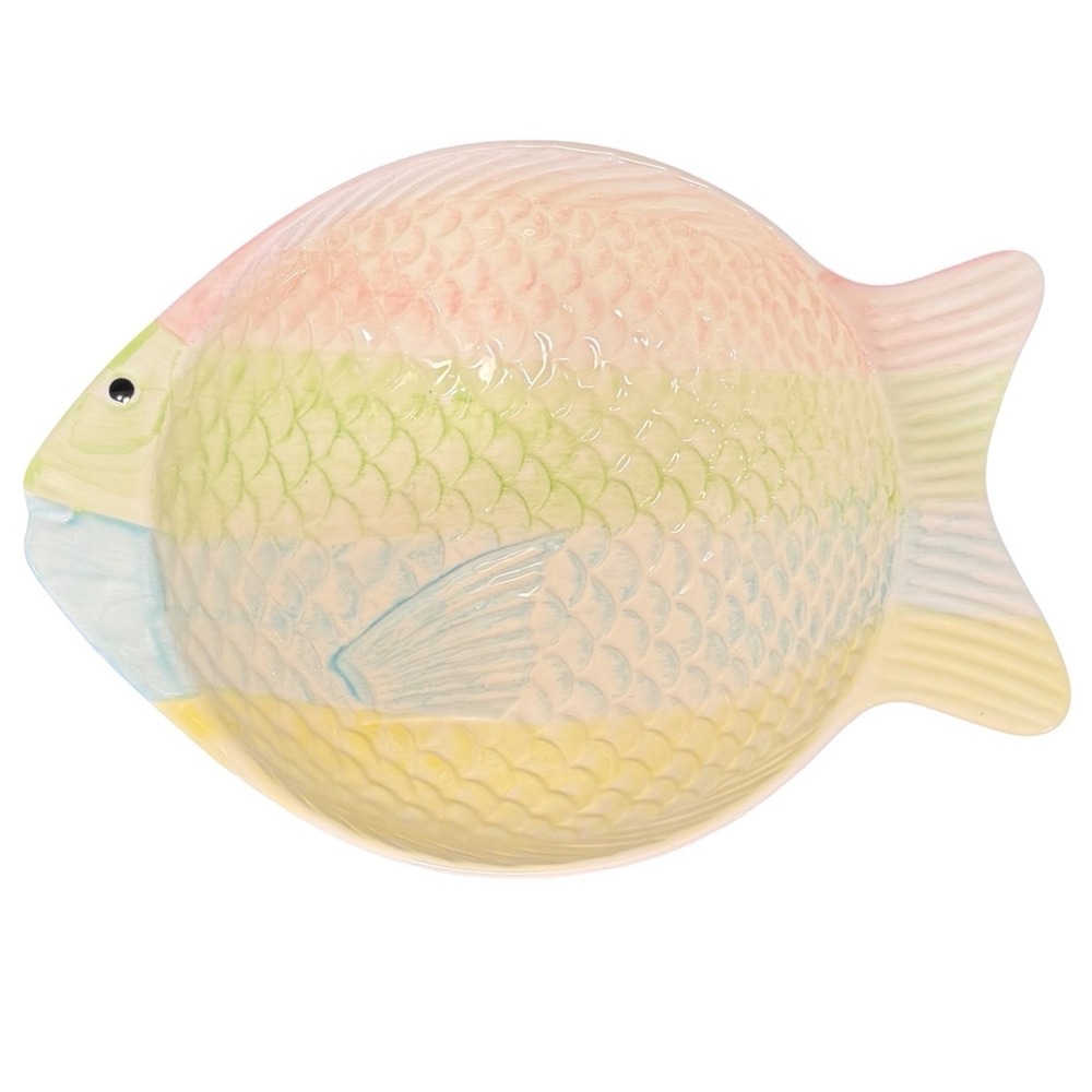 Vintage Knobler Japan Pastel Rainbow Fish Ceramic Serving Bowl 12 Inch